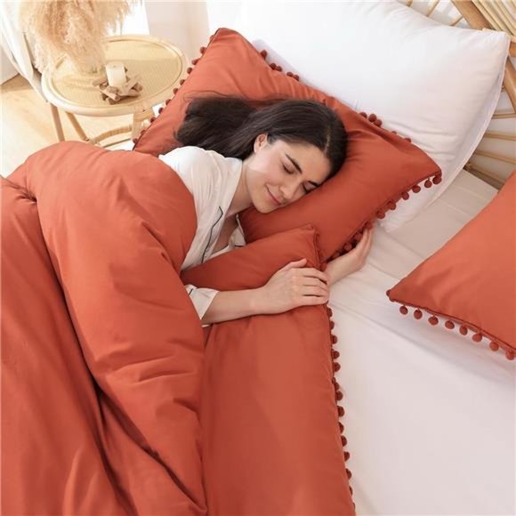 Terracotta Queen Comforter Set 3pcs Boho Ball Pom Bedding Aesthetic Burnt Orange - Picture 3 of 6
